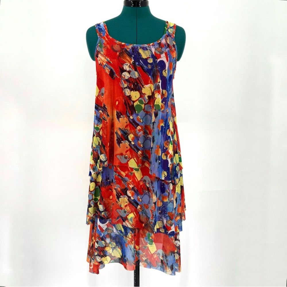 Elena Wang Orange and Blue Abstract Patterned Tiered Sleeveless Dress, Large